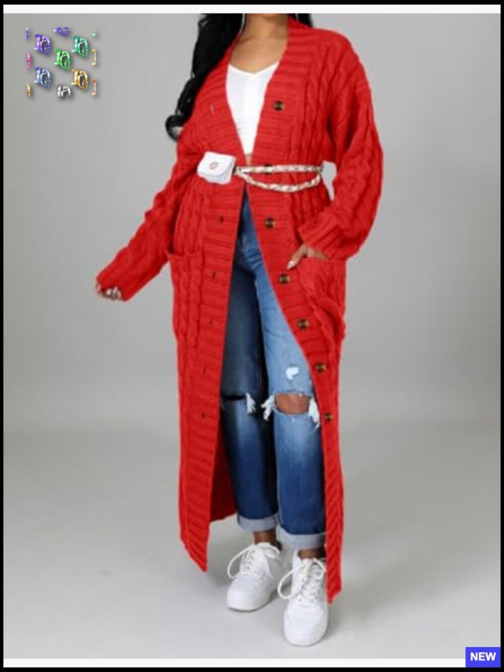 Chunky Cable Knit Maxi Cardigan with Pockets Loose Fit V-Neck Pullover - Picture 5 of 7